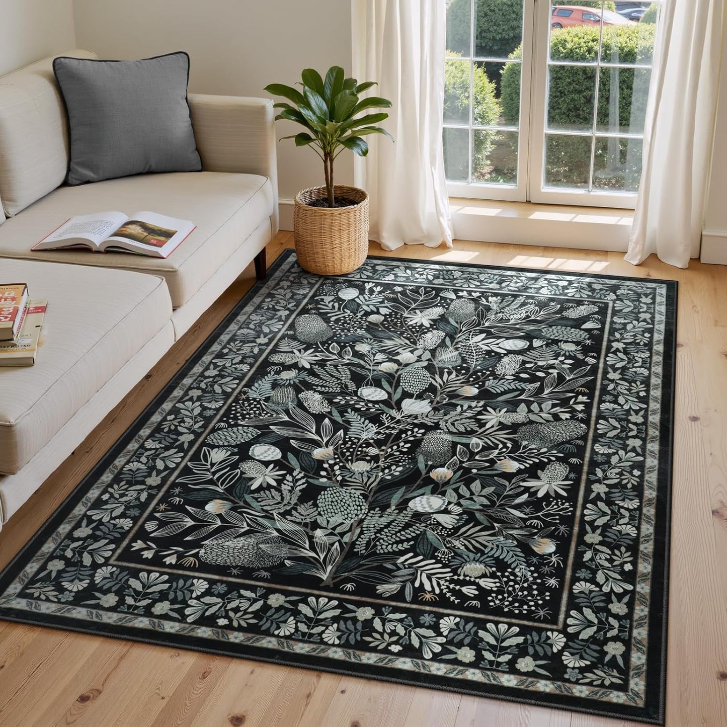 Botanical Floral Washable Rugs for Living Room 5x7 Area