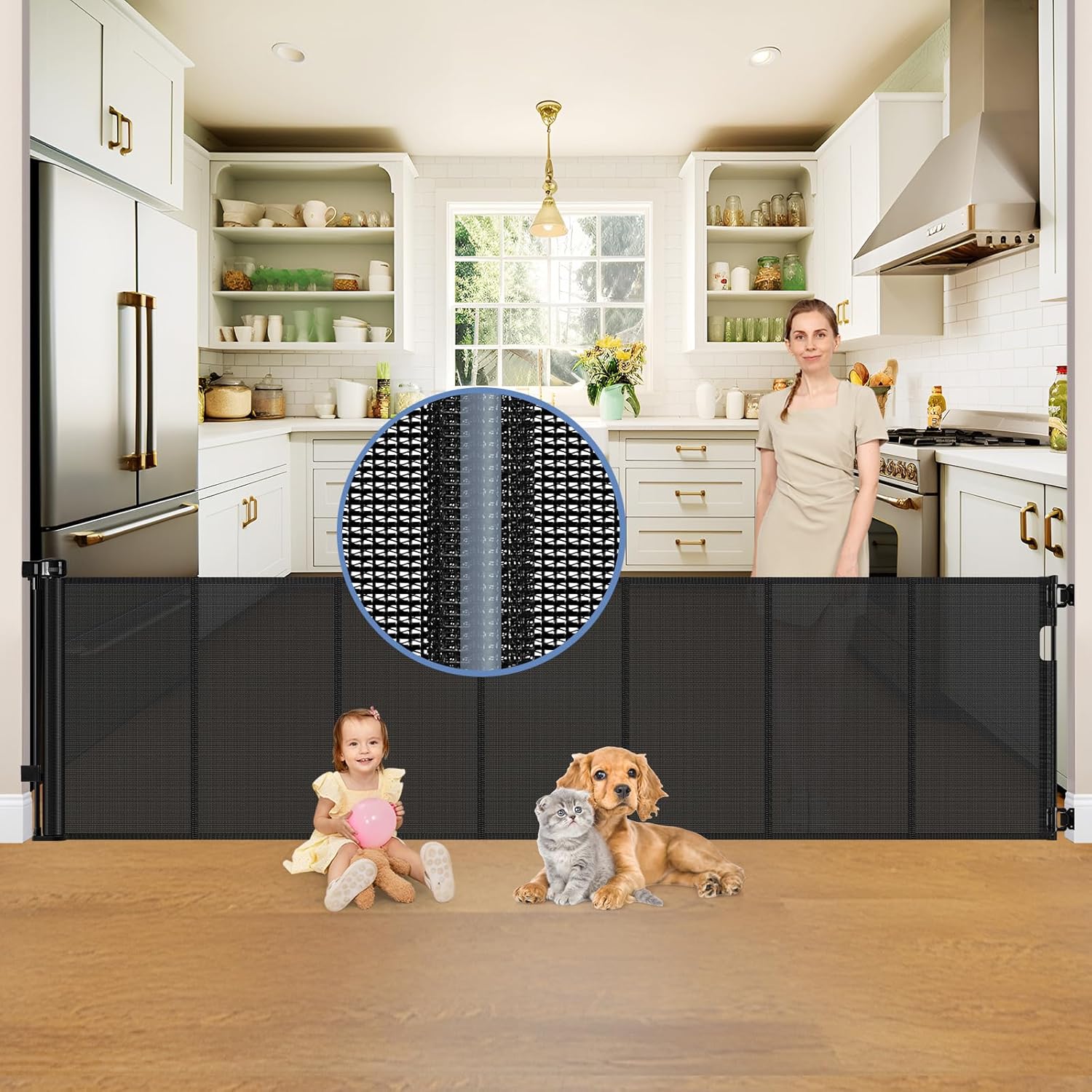 Reinforced 150 Inch Extra Wide Retractable Dog Gates for Safety
