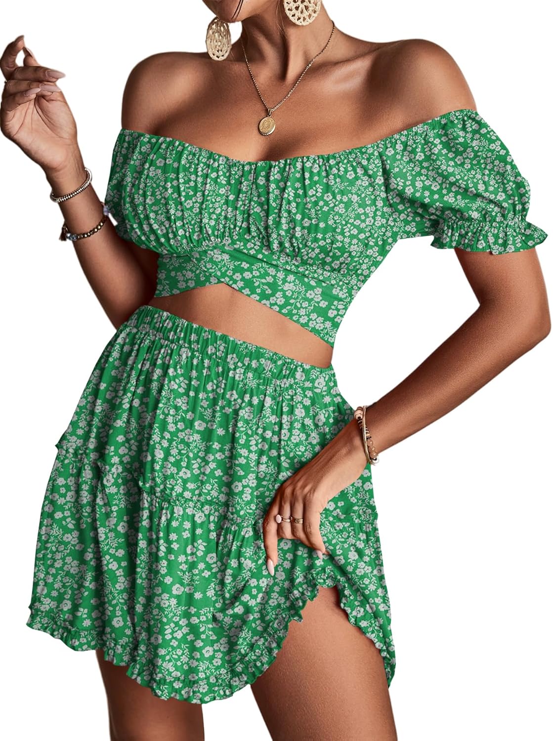 LYANER Women's Floral Off Shoulder Crop Top and Mini Skirt Set