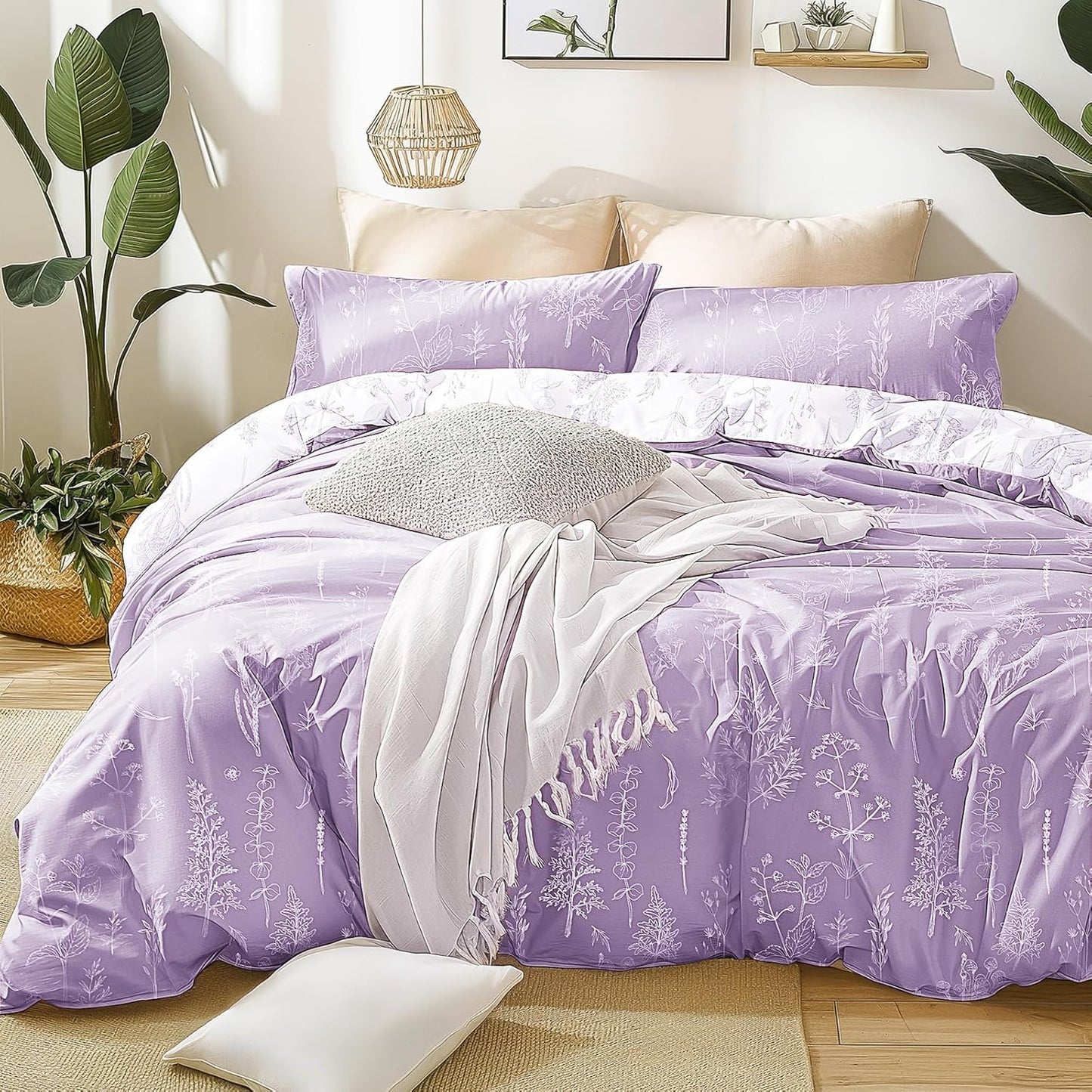 Lavender Comforter Set King - Soft Reversible Floral Bedding