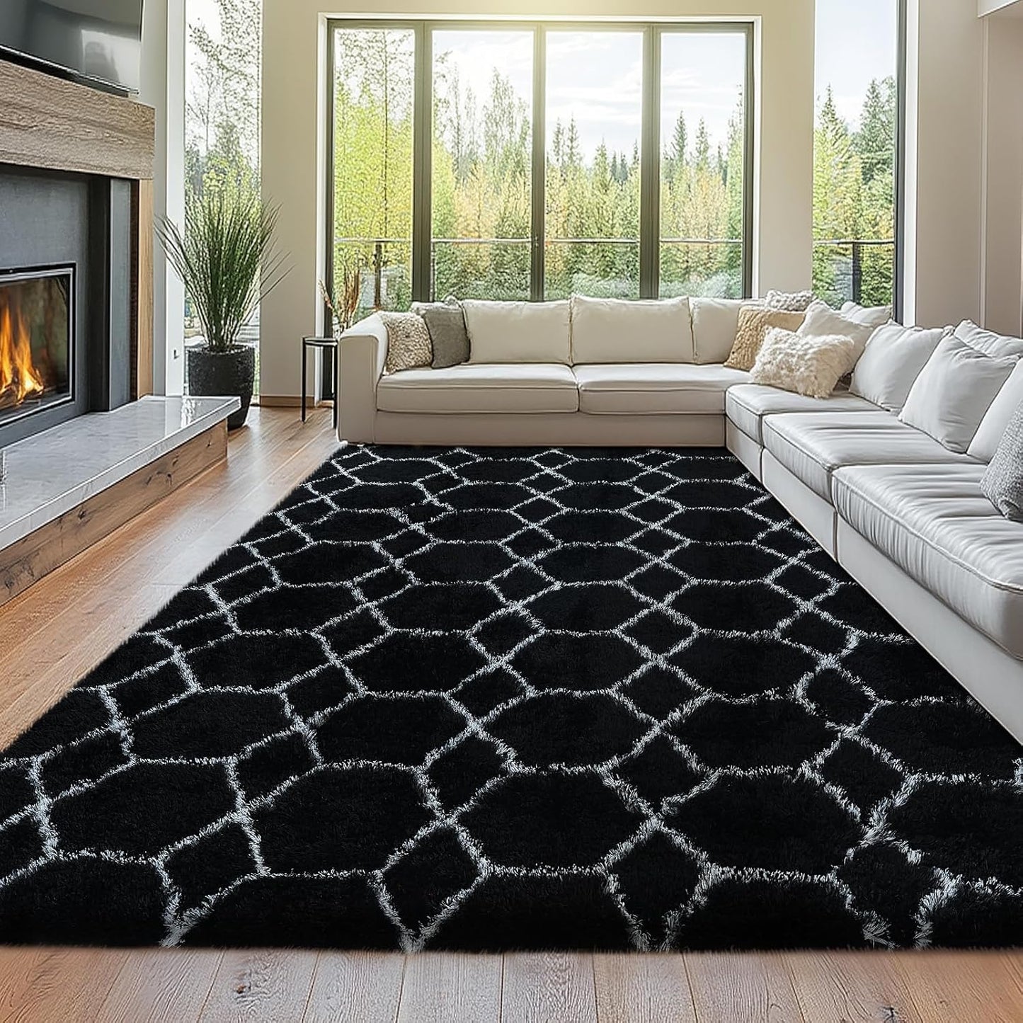 8x10 Fluffy Area Rugs Black and White for Cozy Living Spaces