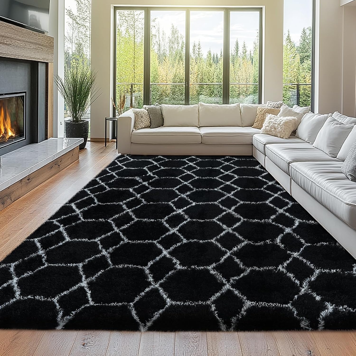 8x10 Fluffy Area Rugs Black and White for Cozy Living Spaces