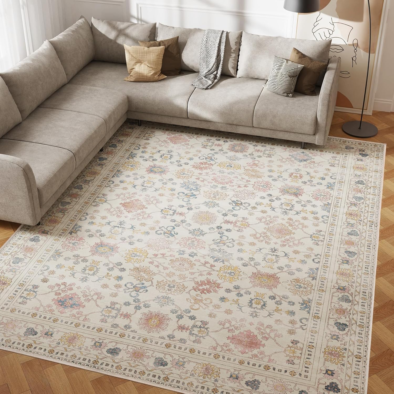 8x10 Washable Area Rug with Vintage Flower Design for Comfort
