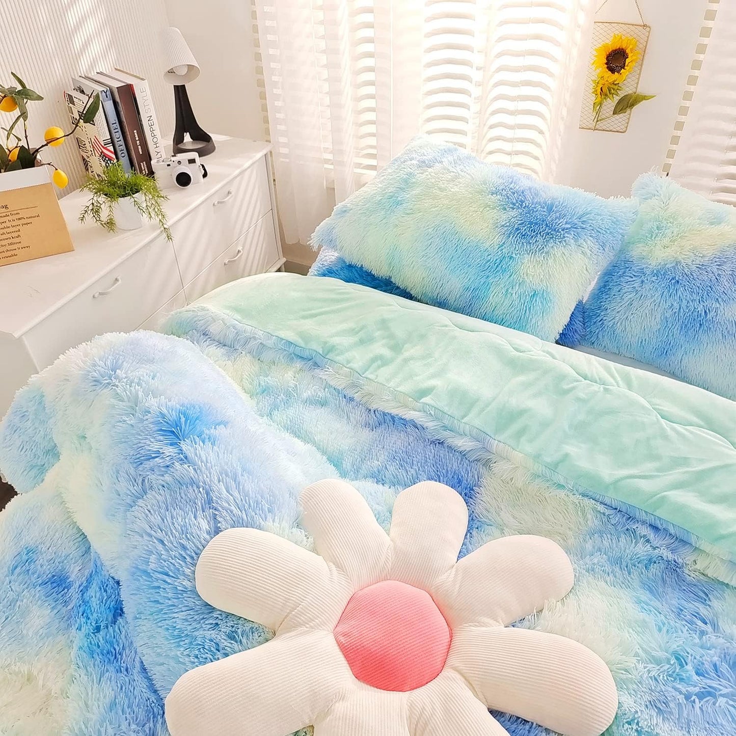 SUCSES Green Faux Fur Twin Bedding Set for Girls Bedroom Decor
