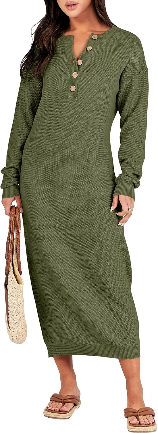 Stylish Women Long Sleeve V Neck Oversized Midi Sweater Dress