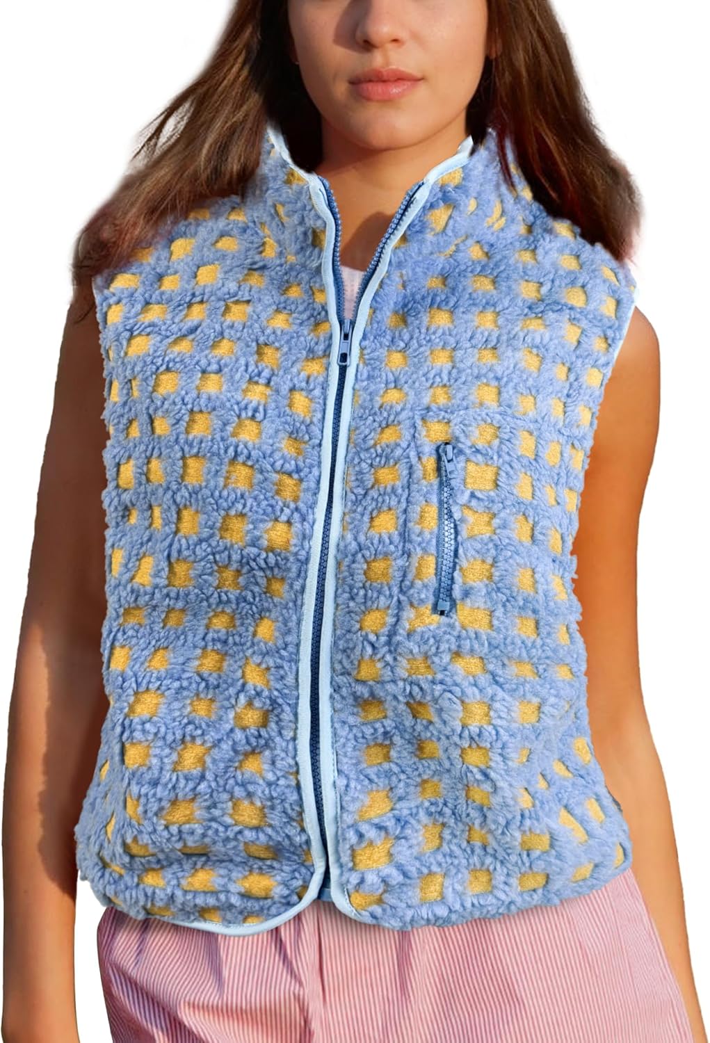 Womens Checkered Sherpa Vest for Winter Fashion and Comfort