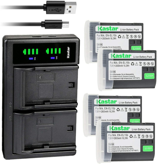 Kastar 4-Pack EN-EL15b Battery and USB Charger for Nikon Cameras