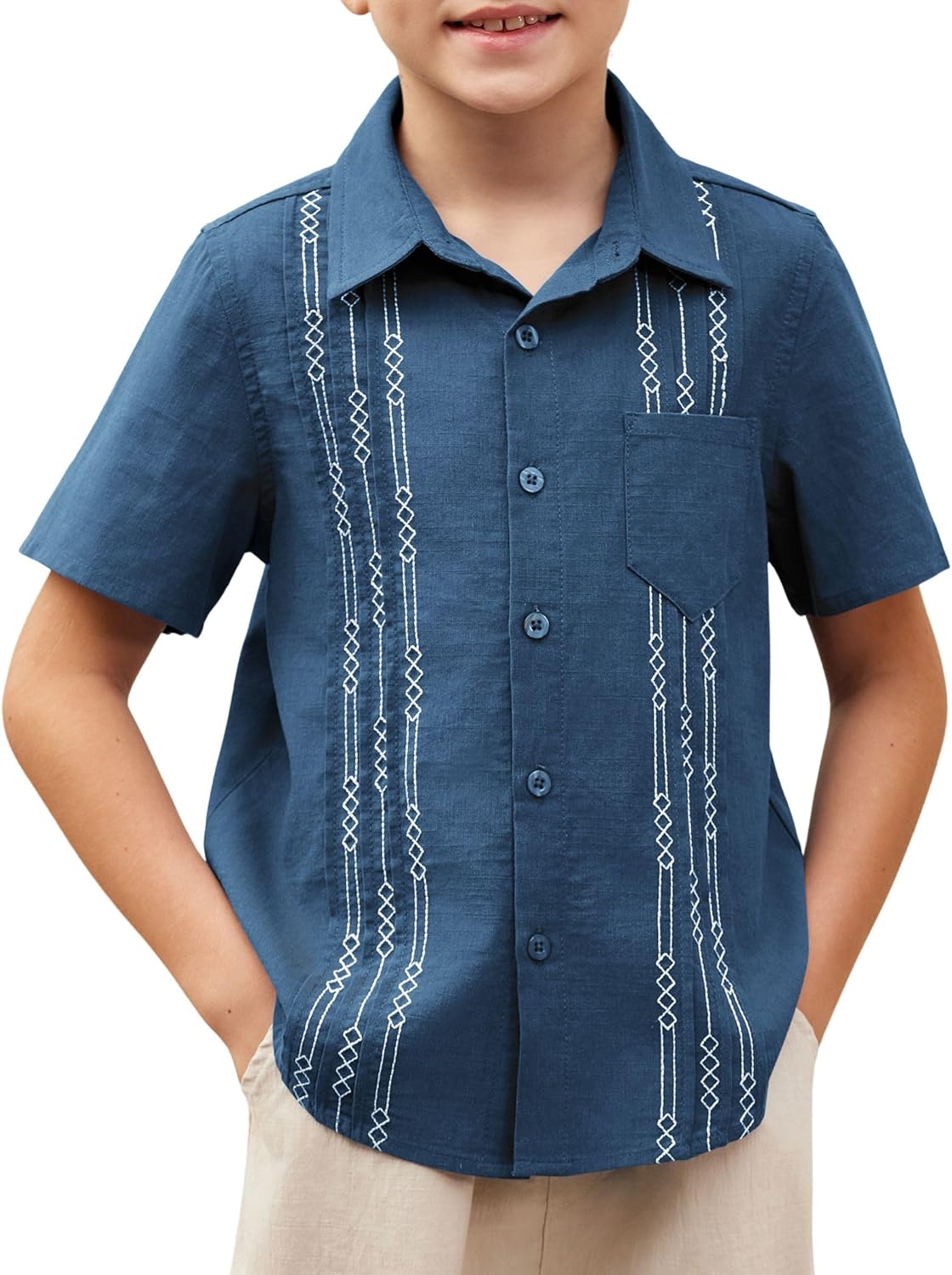 Boys Guayabera Shirt Short Sleeve Cotton Linen Summer Beach Tops