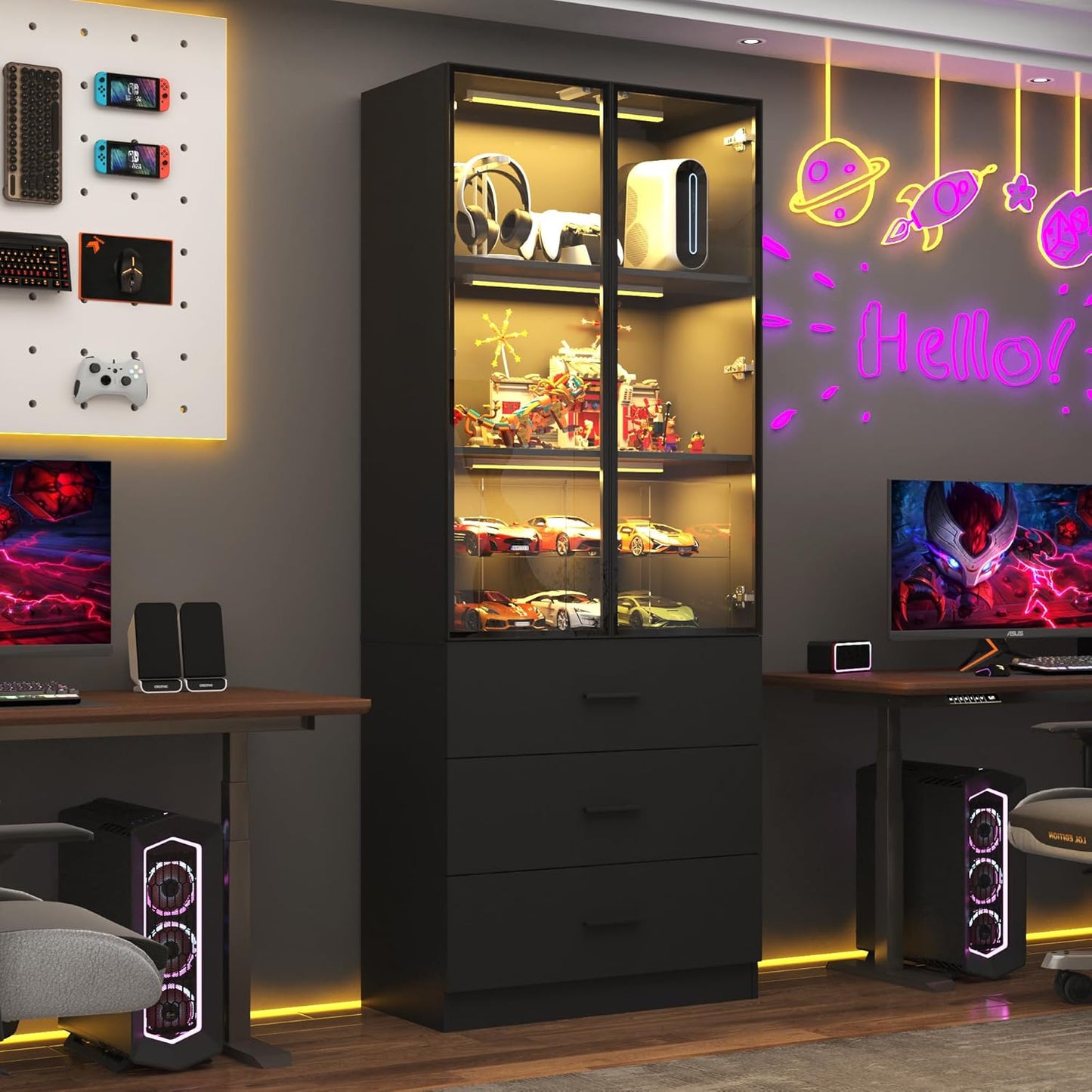 79 Inch Tall Display Cabinet with LED Light and Glass Doors