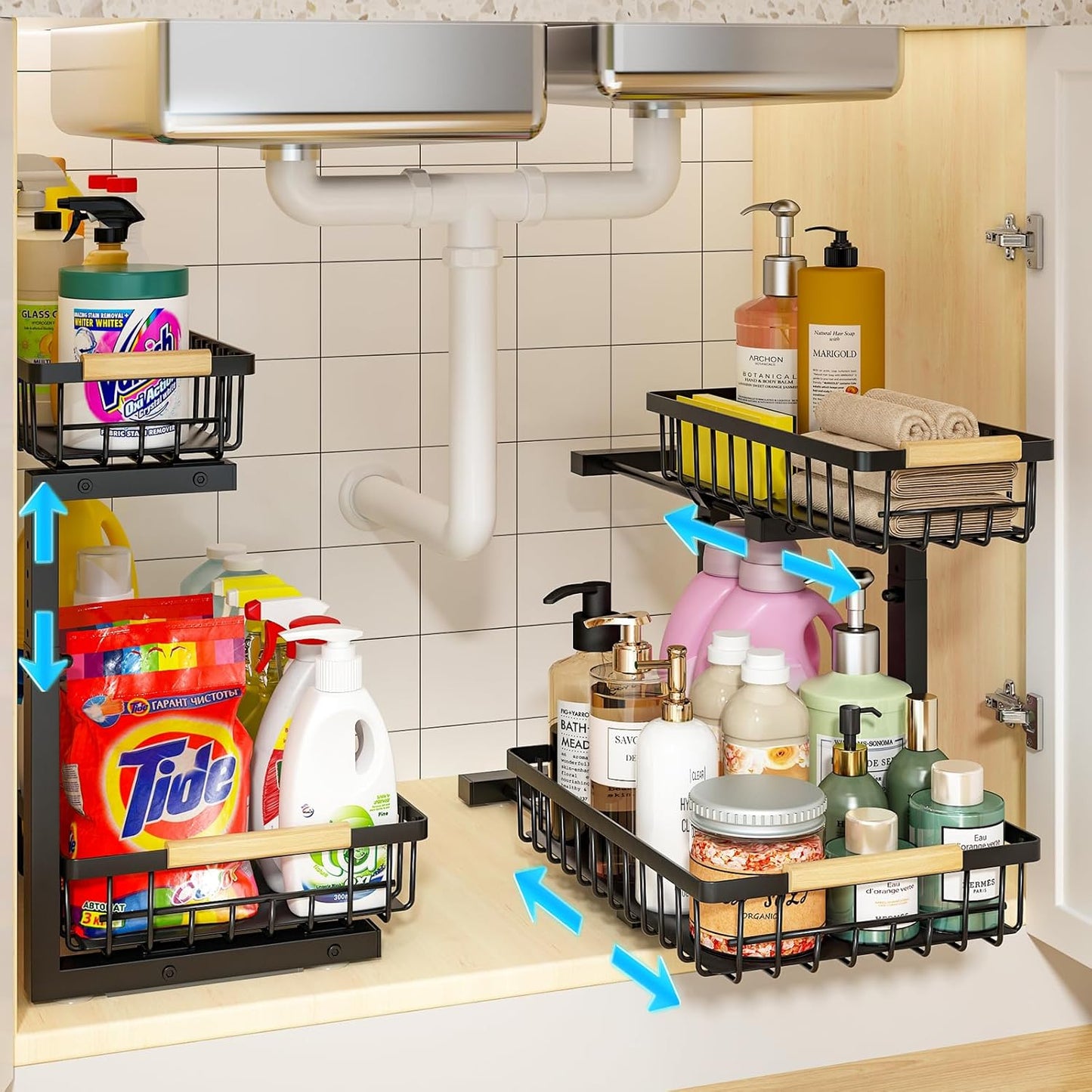 REALINN 2 Pack Height Adjustable Under Sink Organizers - Maximize Storage Space