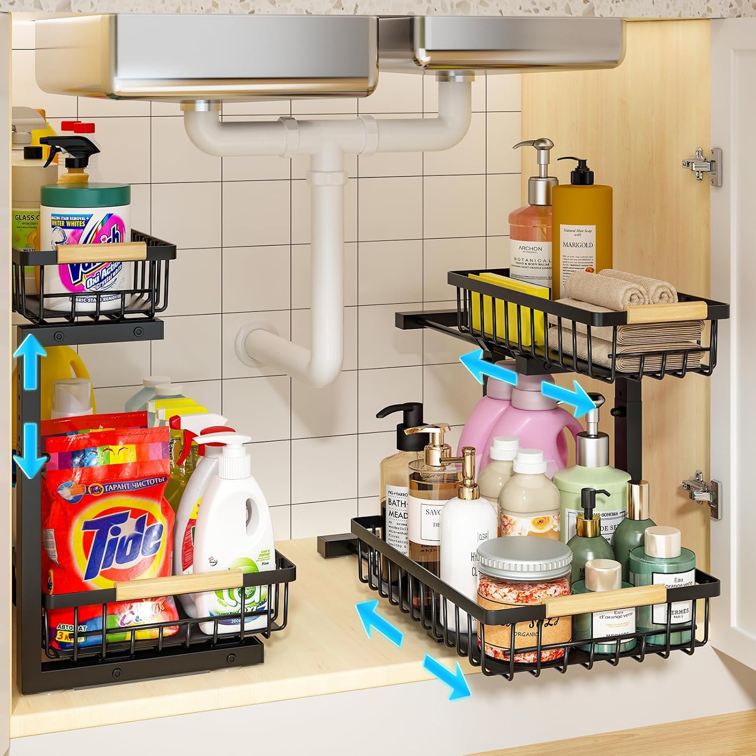 REALINN 2 Pack Height Adjustable Under Sink Organizers - Maximize Storage Space
