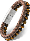 Brown Leather Bracelet for Men - Handcrafted Braided & Beaded