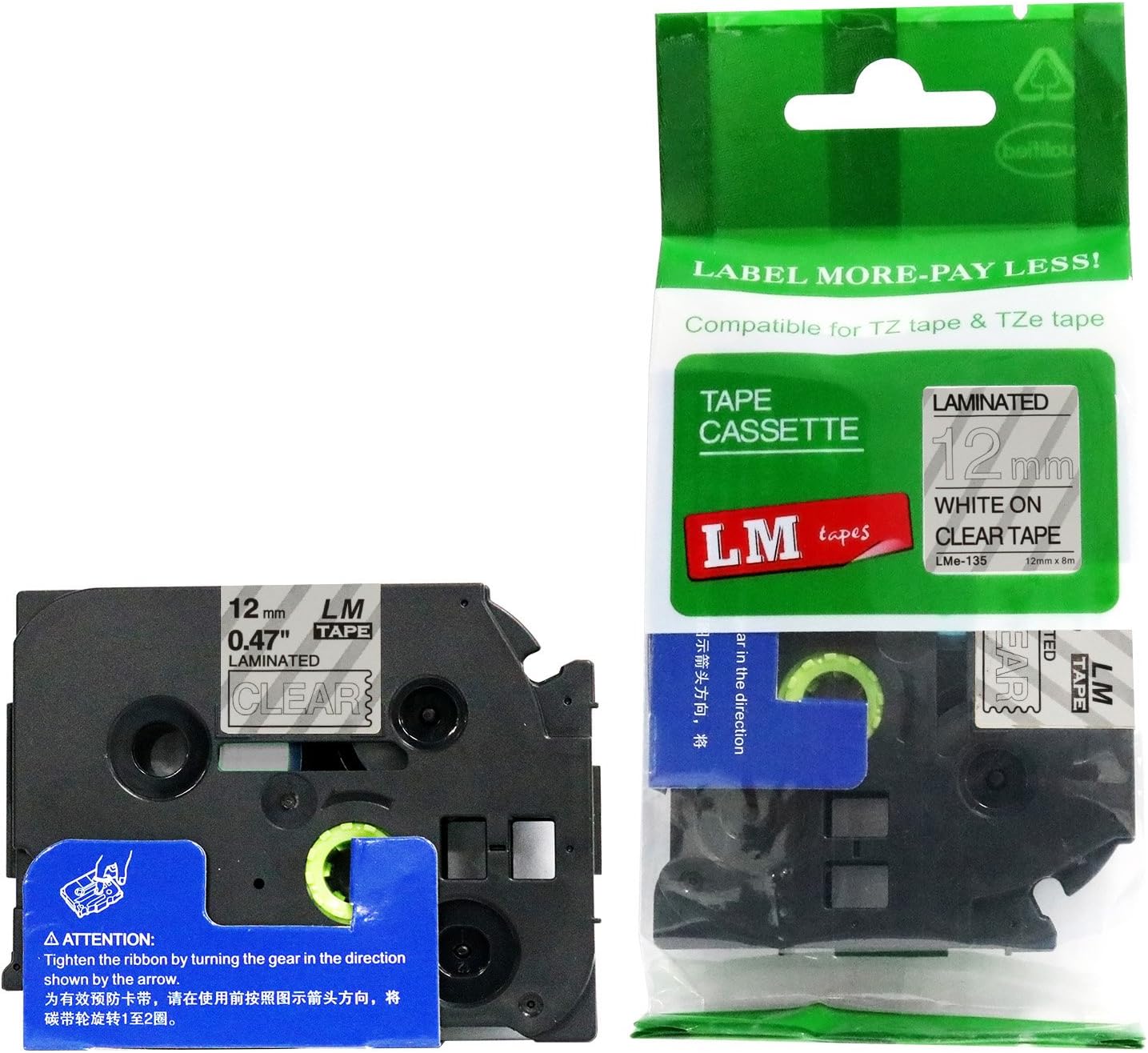 6/Pack LM Tapes Compatible TZe-135 White on Clear Label Tape