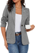 Women's Houndstooth Plaid Blazer with Embroidered Collar - Office