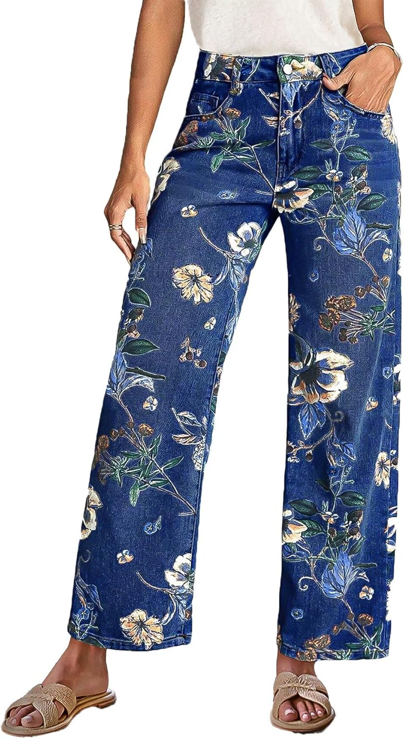 Flamingals High-Rise Vintage Floral Straight Leg Pants for Women