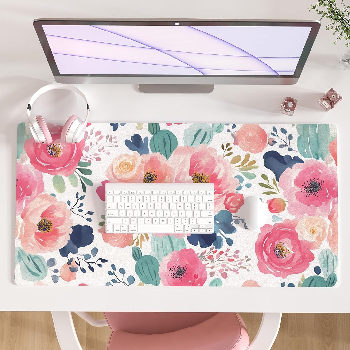 Large Pink Floral Desk Mat - Waterproof Colorful Star Design, 31.5 x 15.7