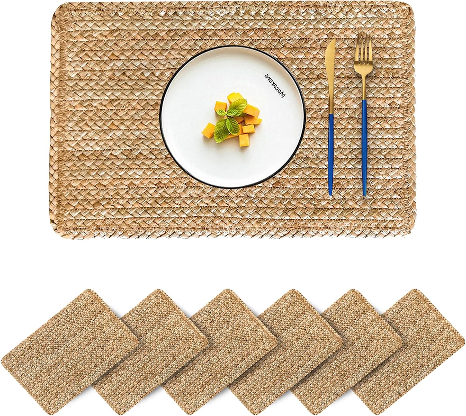 Woven Placemats Set of 6 Natural Rattan Rectangle Placemats