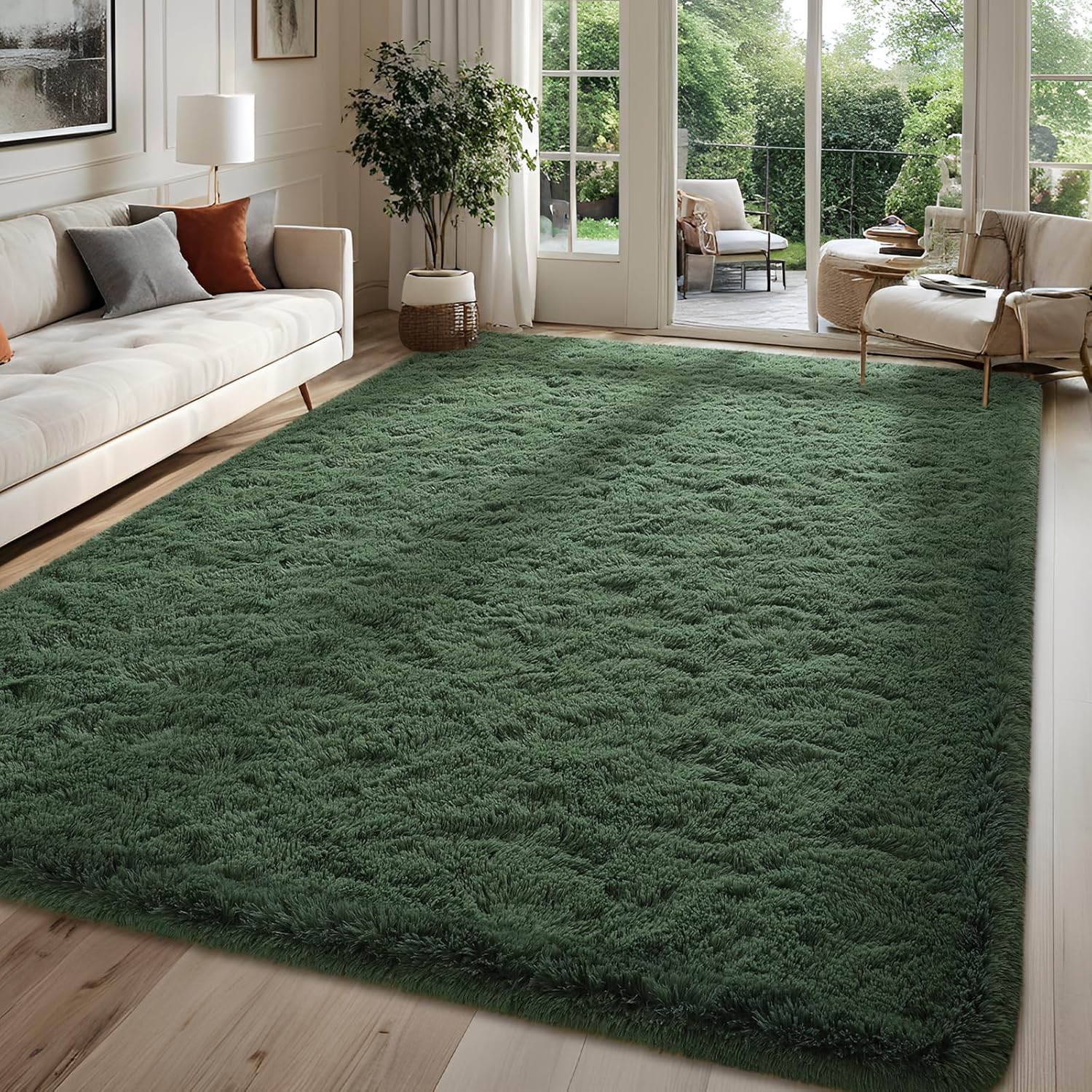 Fluffy Dark Green 6x9 Area Rugs for Living Room and Bedroom