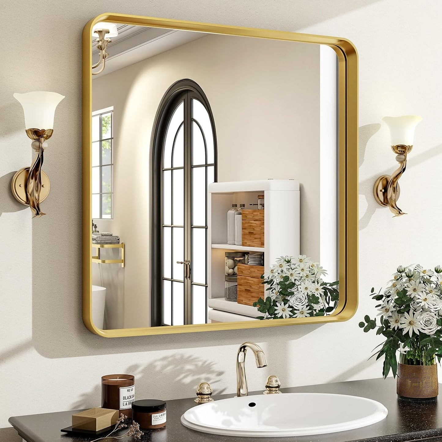 30x30 Gold Bathroom Mirror - Modern Aluminum Framed Design
