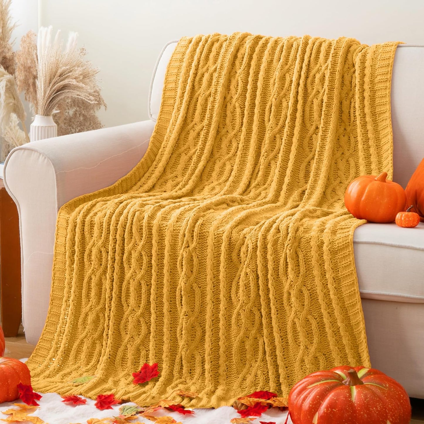 Luxuriously Soft Mustard Yellow Chenille Throw Blanket for Home