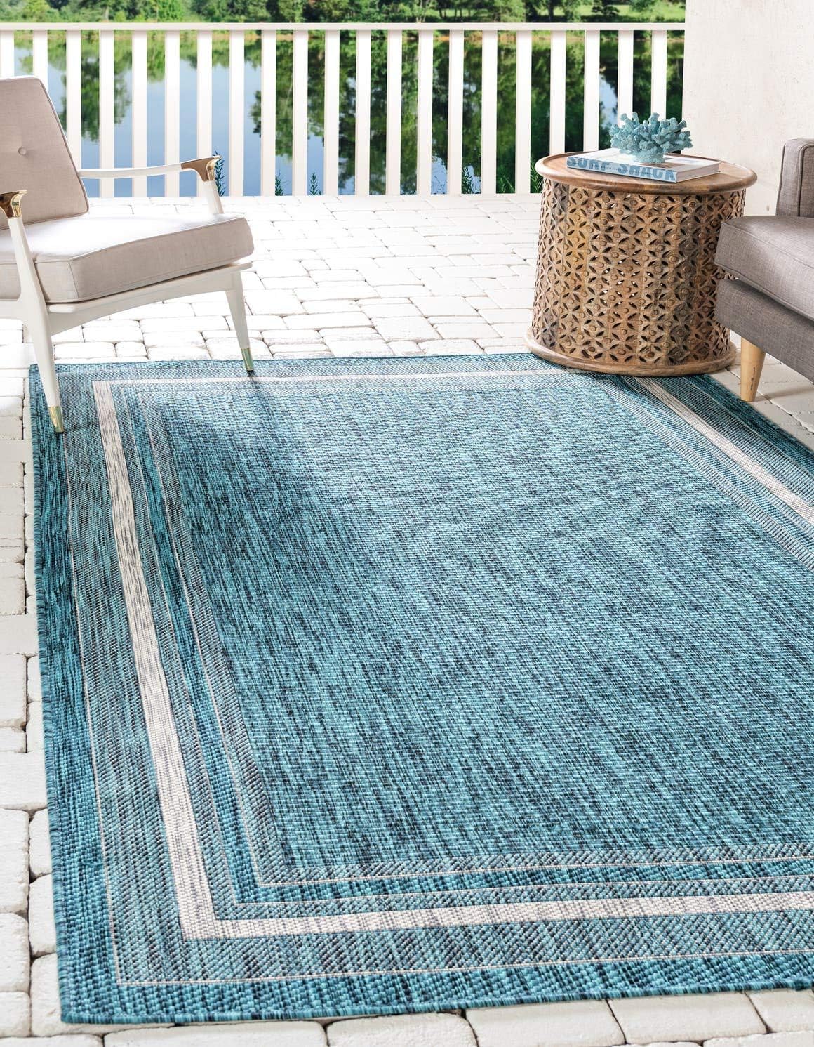 Unique Loom Outdoor Border Collection Area Rug - Teal/Ivory