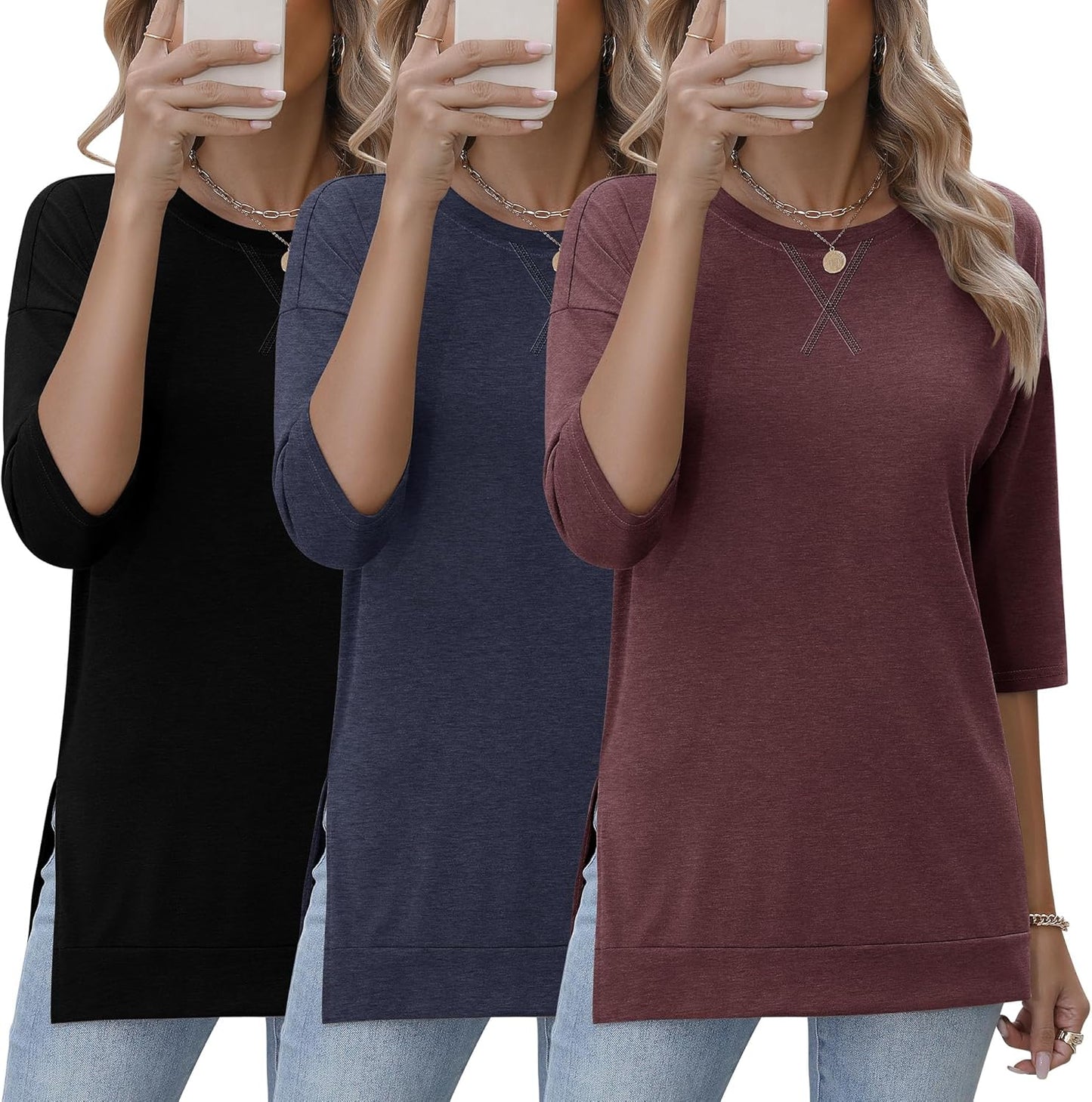 Comfortable 3/4 Length Sleeve Women's Tunic Tops for Casual Wear