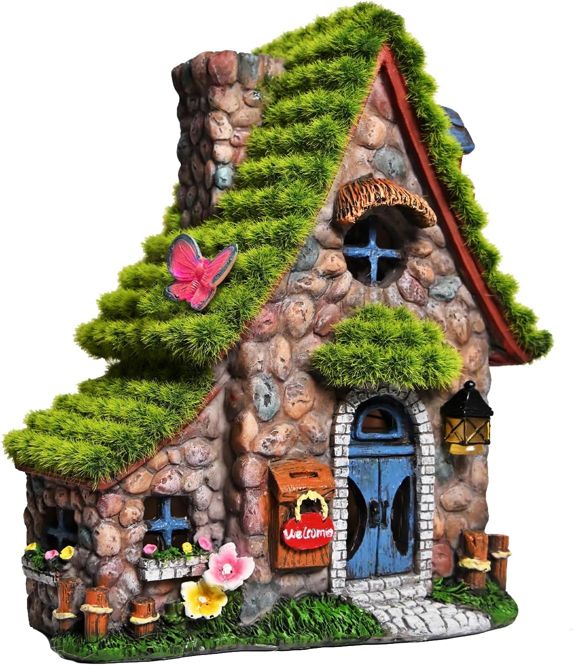 ASAWASA Resin Fairy House Statues with Solar Lights for Gardens