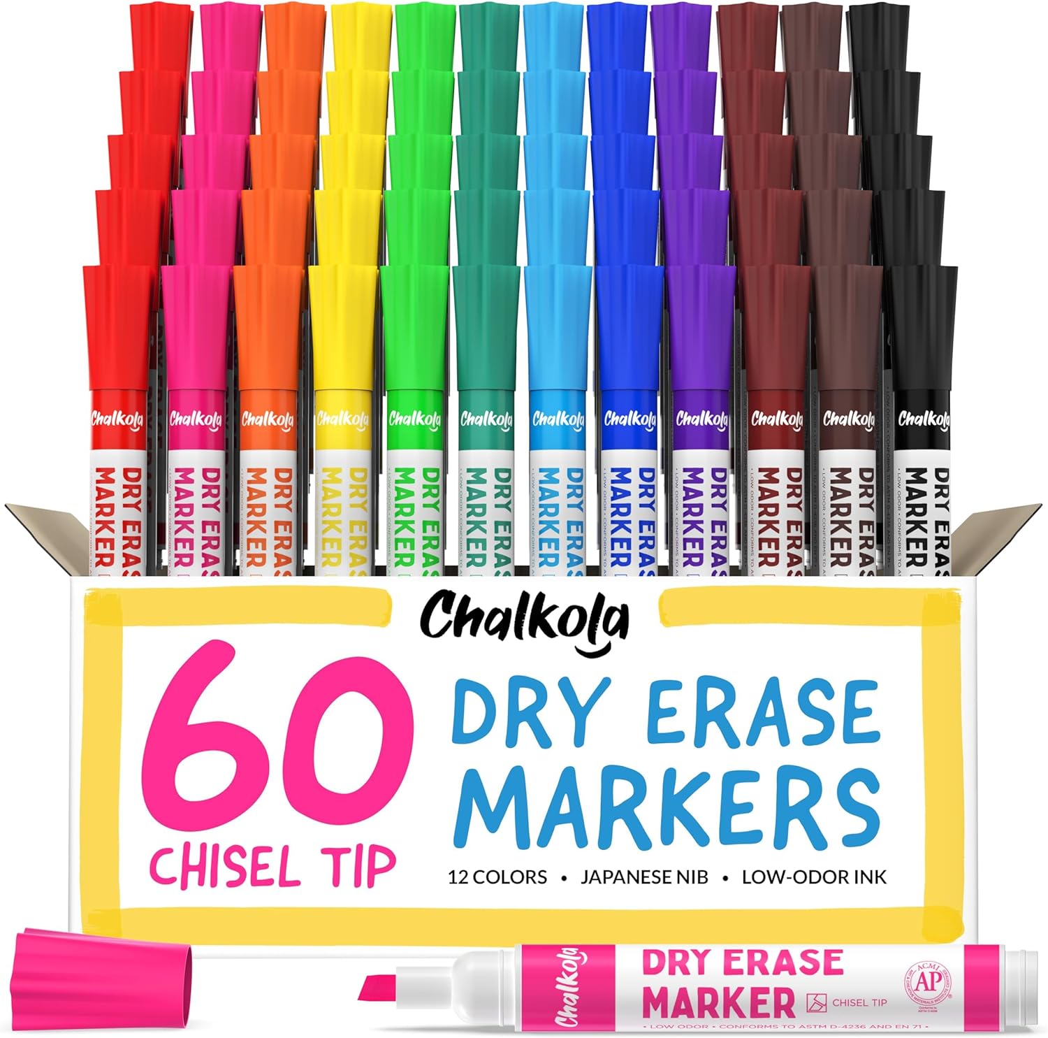 Chalkola Dry Erase Markers Bulk - 60 Pack of Vibrant Colors