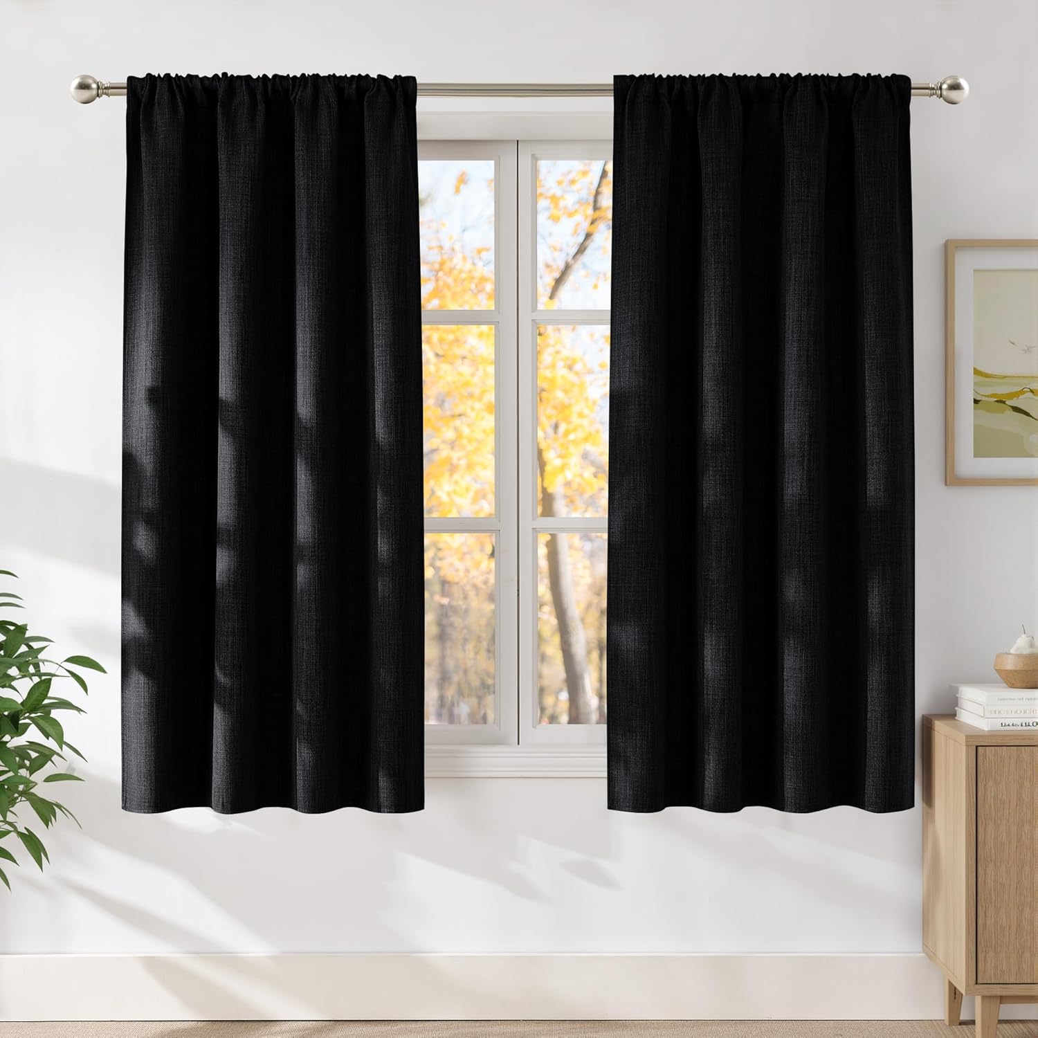 NICETOWN Black Faux Linen Room Darkening Curtains for Cozy Spaces