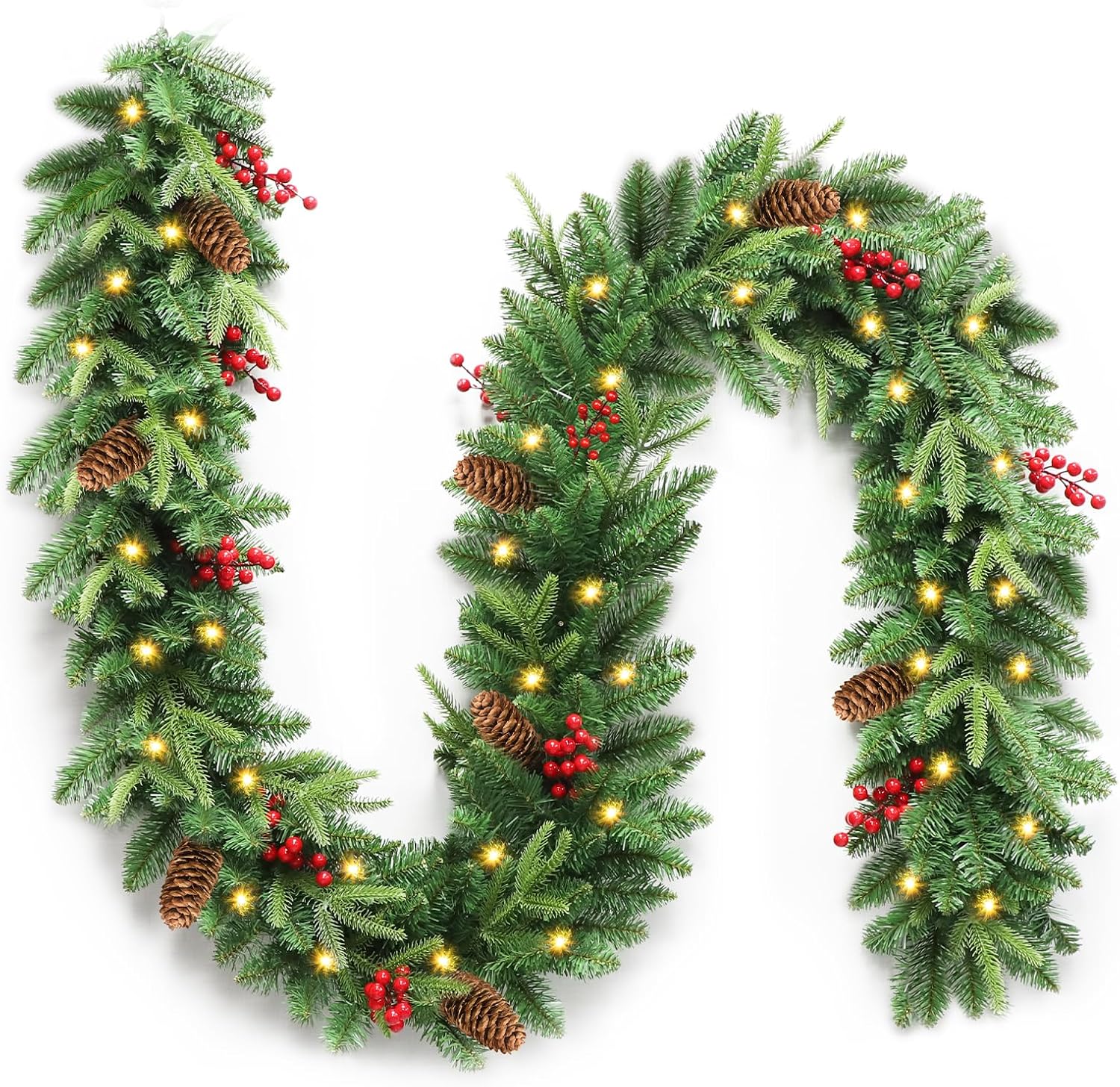 9ft Pre-Lit Christmas Garland with Pine Cones & Red Berries