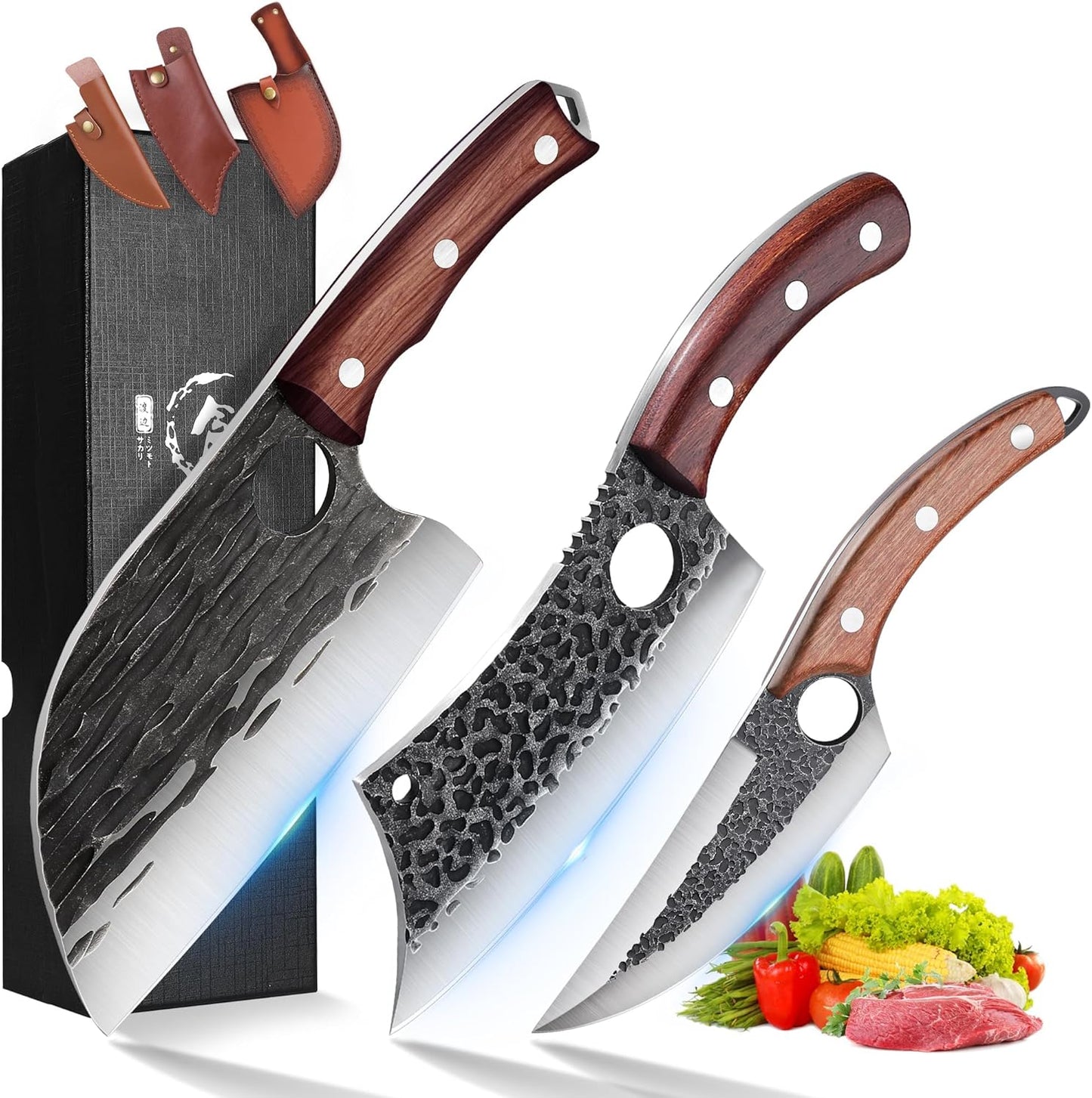 ROCOCO 3PCS Butcher Cleaver Knife Set for Meat Cutting