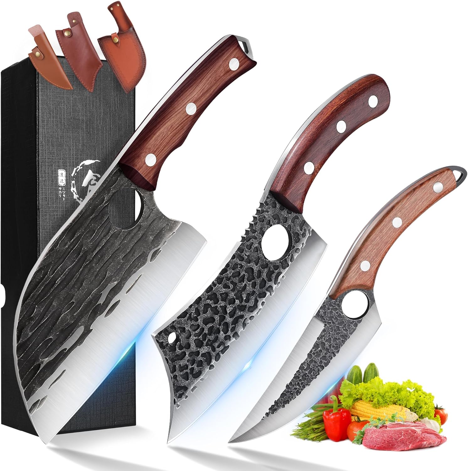 ROCOCO 3PCS Butcher Cleaver Knife Set for Meat Cutting