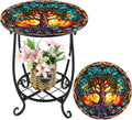 Outdoor Side Table Round Small Mosaic Patio Accent - Tree Style 14 in