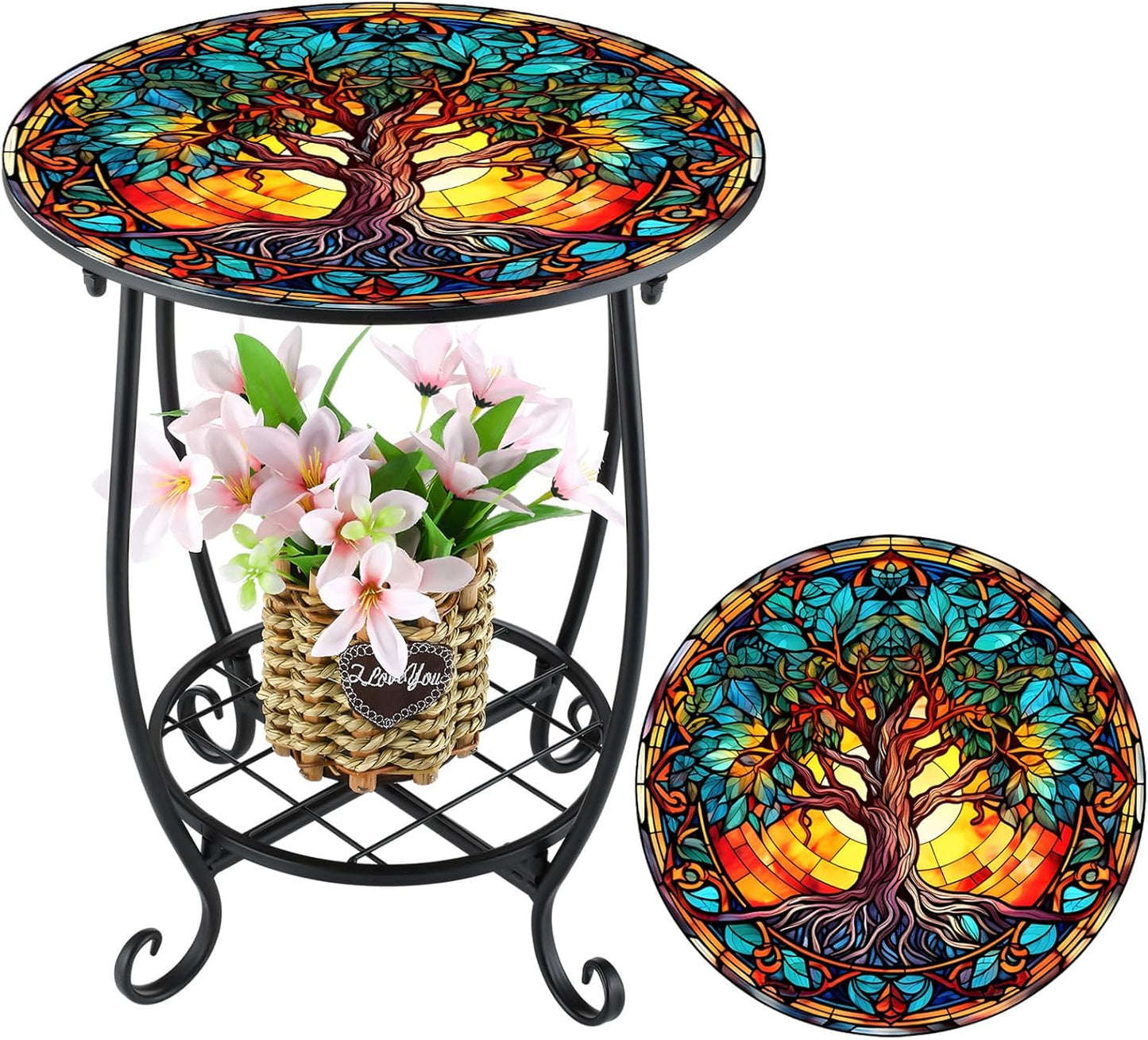 Outdoor Side Table Round Small Mosaic Accent for Patio Use
