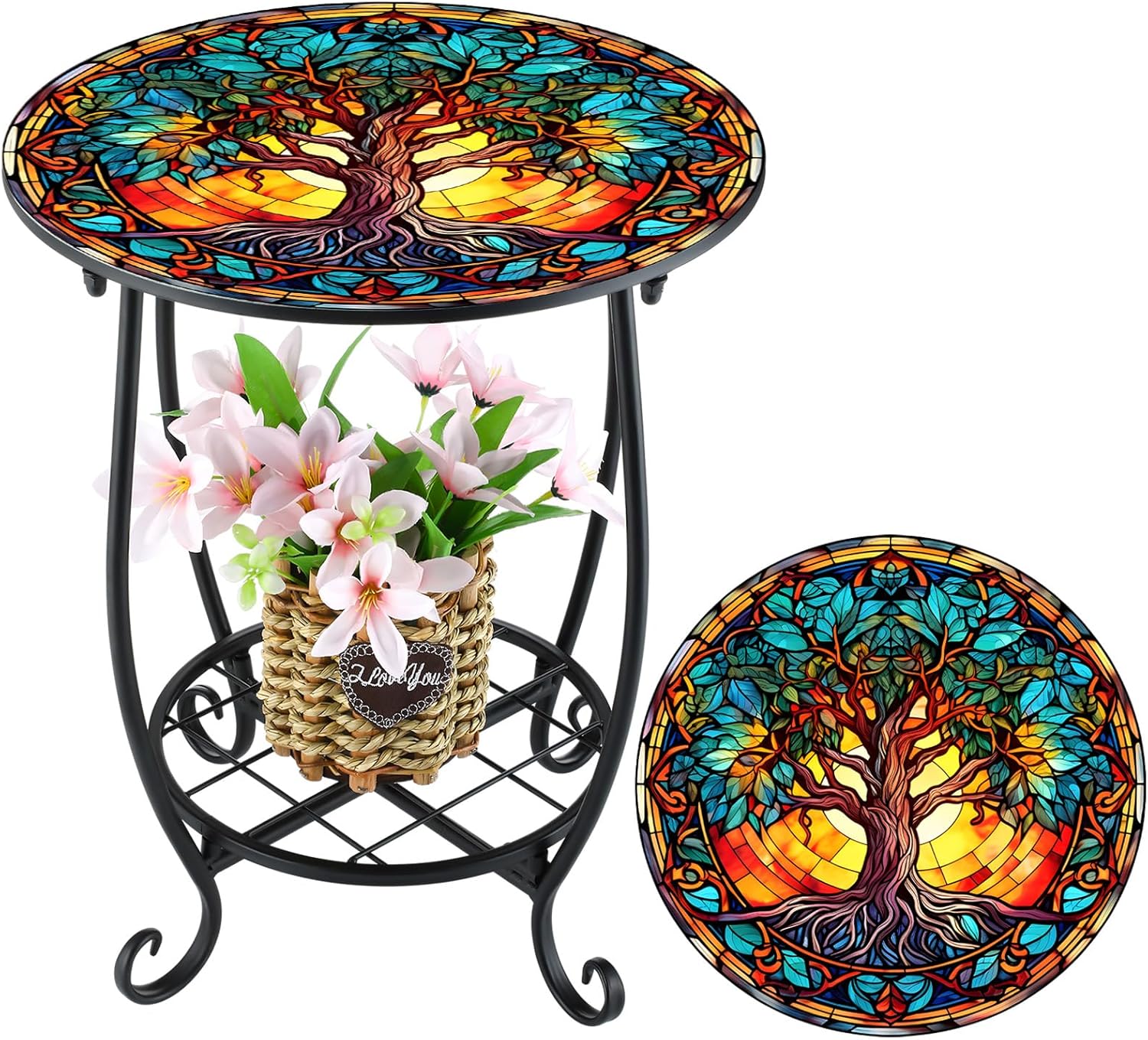 Outdoor Side Table Round Small Mosaic Accent for Patio Use