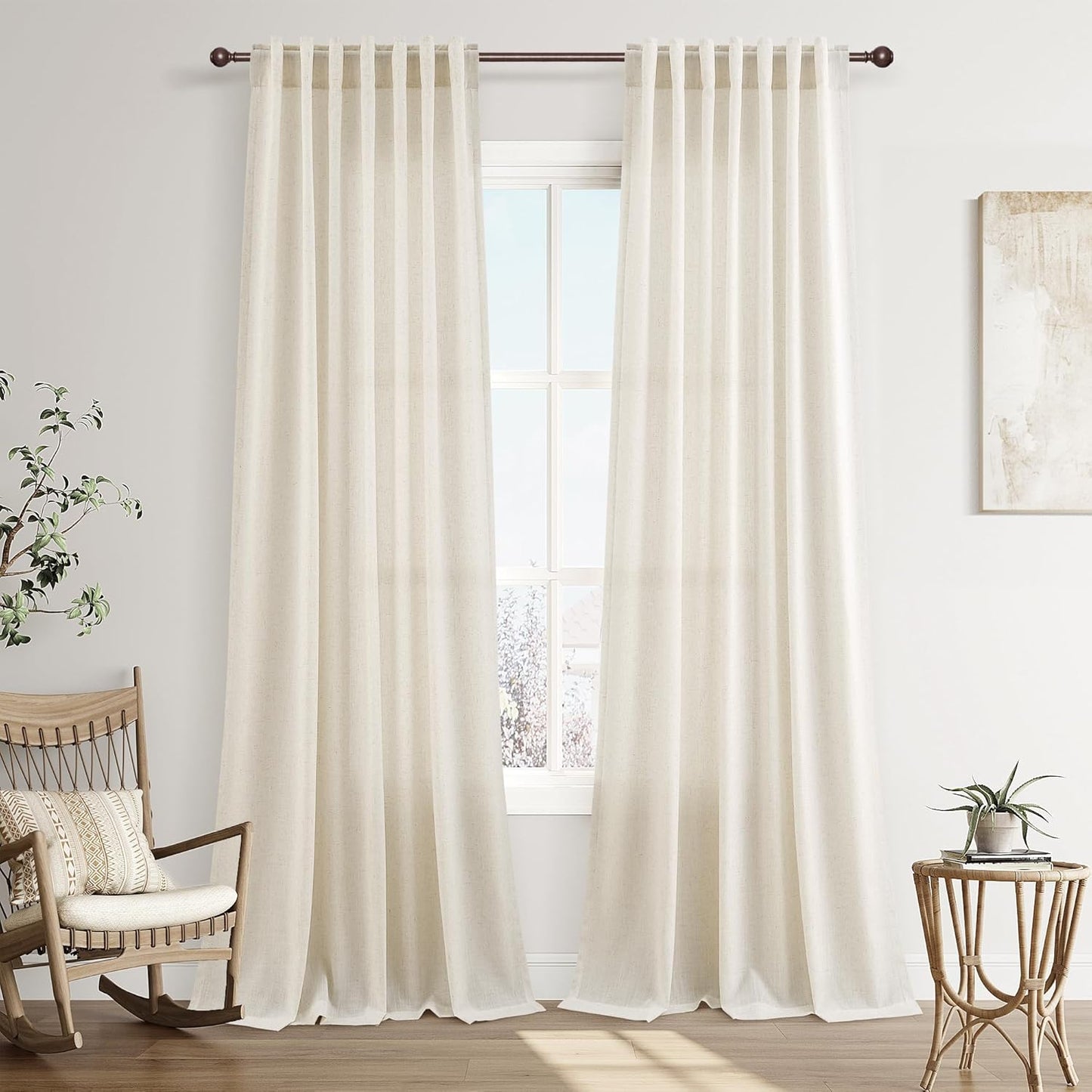 Joywell Cream Natural Back Tab Rod Pocket Linen Curtains 108 in