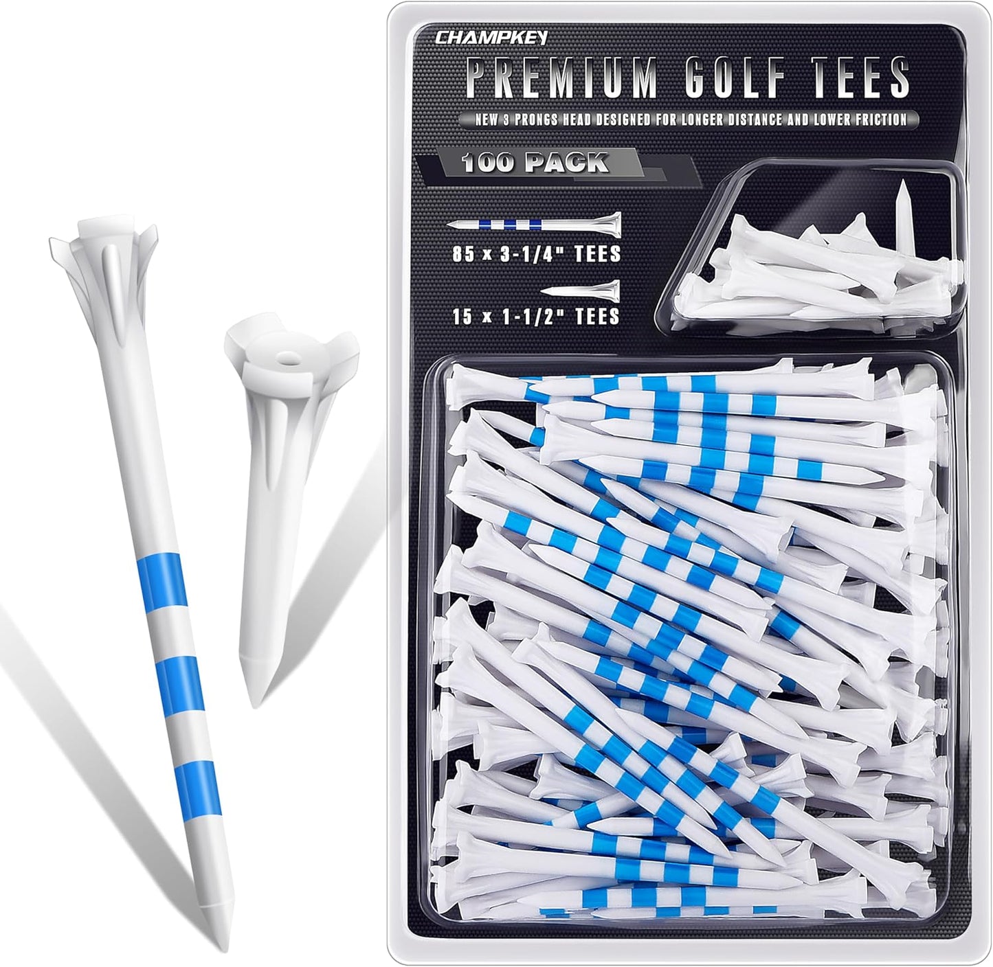 CHAMPKEY Premium Plastic Golf Tees | Low Friction for Better Drives