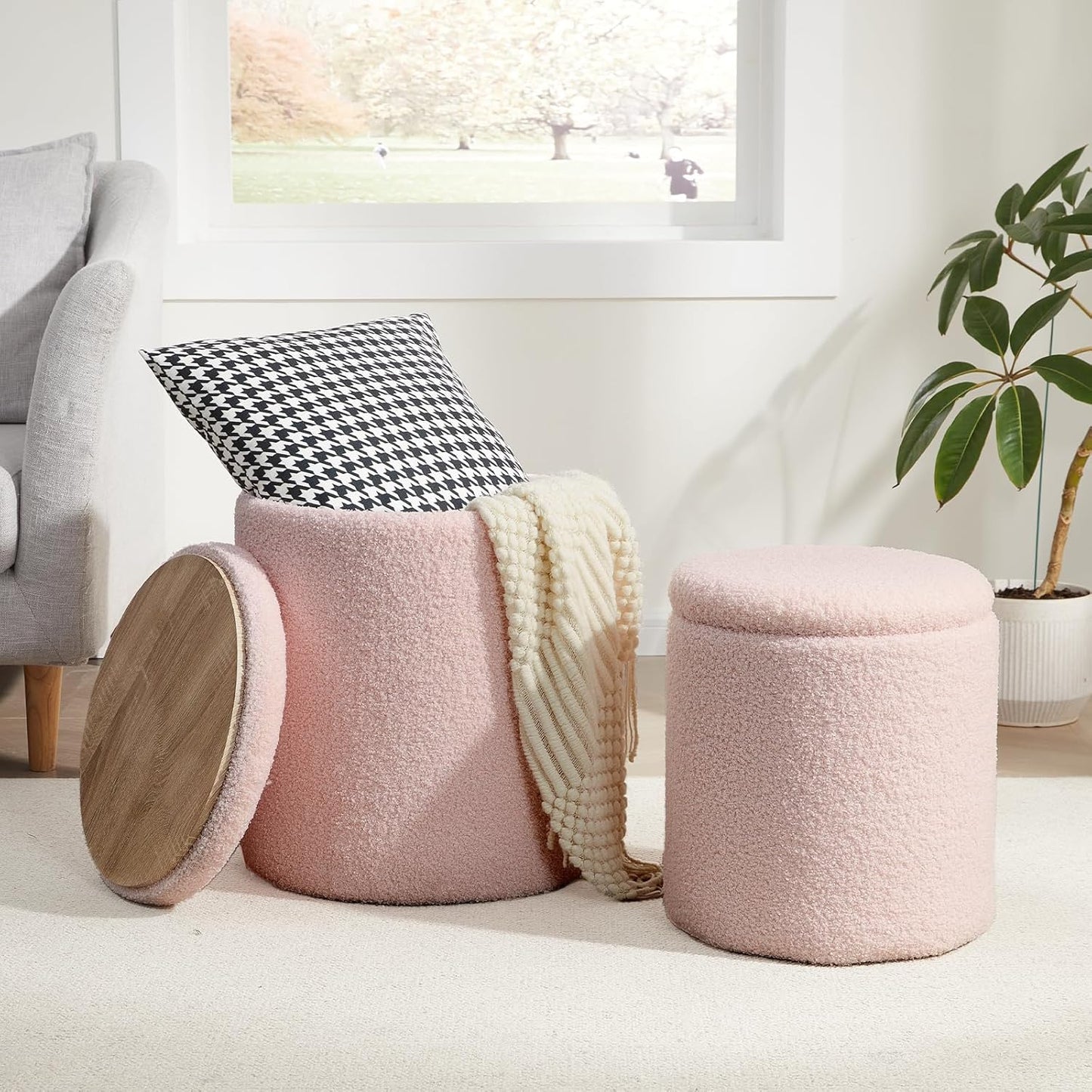 Boucle Round Ottoman with Storage Set of 2 for Living Room