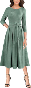 Womens Elegant Pockets Belted A-Line Midi Dress - Work to Party
