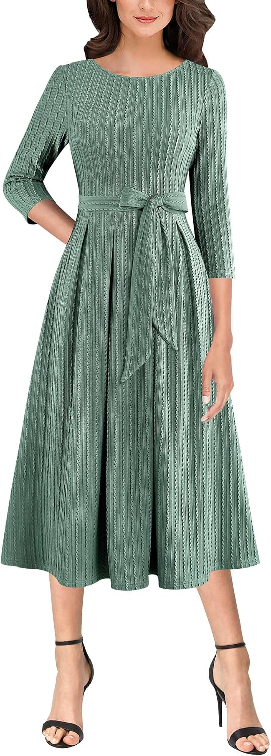 Elegant Pockets Belted A-Line Midi Dress for Work and Parties