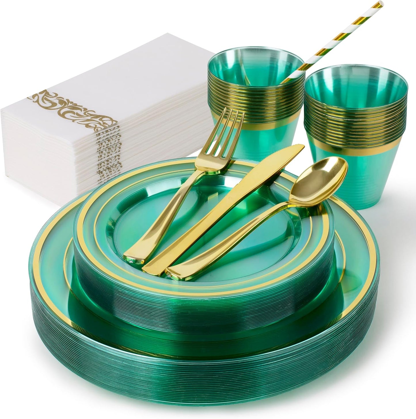 200PCS Green Plastic Plates for 25 Guests with Gold Rim