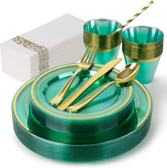 200PCS Green Plastic Plates for 25 Guests with Gold Rim