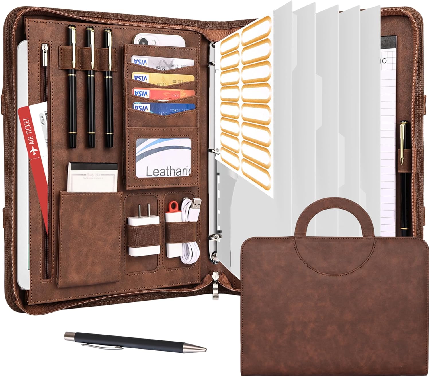 Leathario 3-Ring Portfolio Binder with Hidden Handle and Dividers