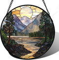 Stained Glass Window Hanging Sunset Mountains Lake Tree Sun Catcher
