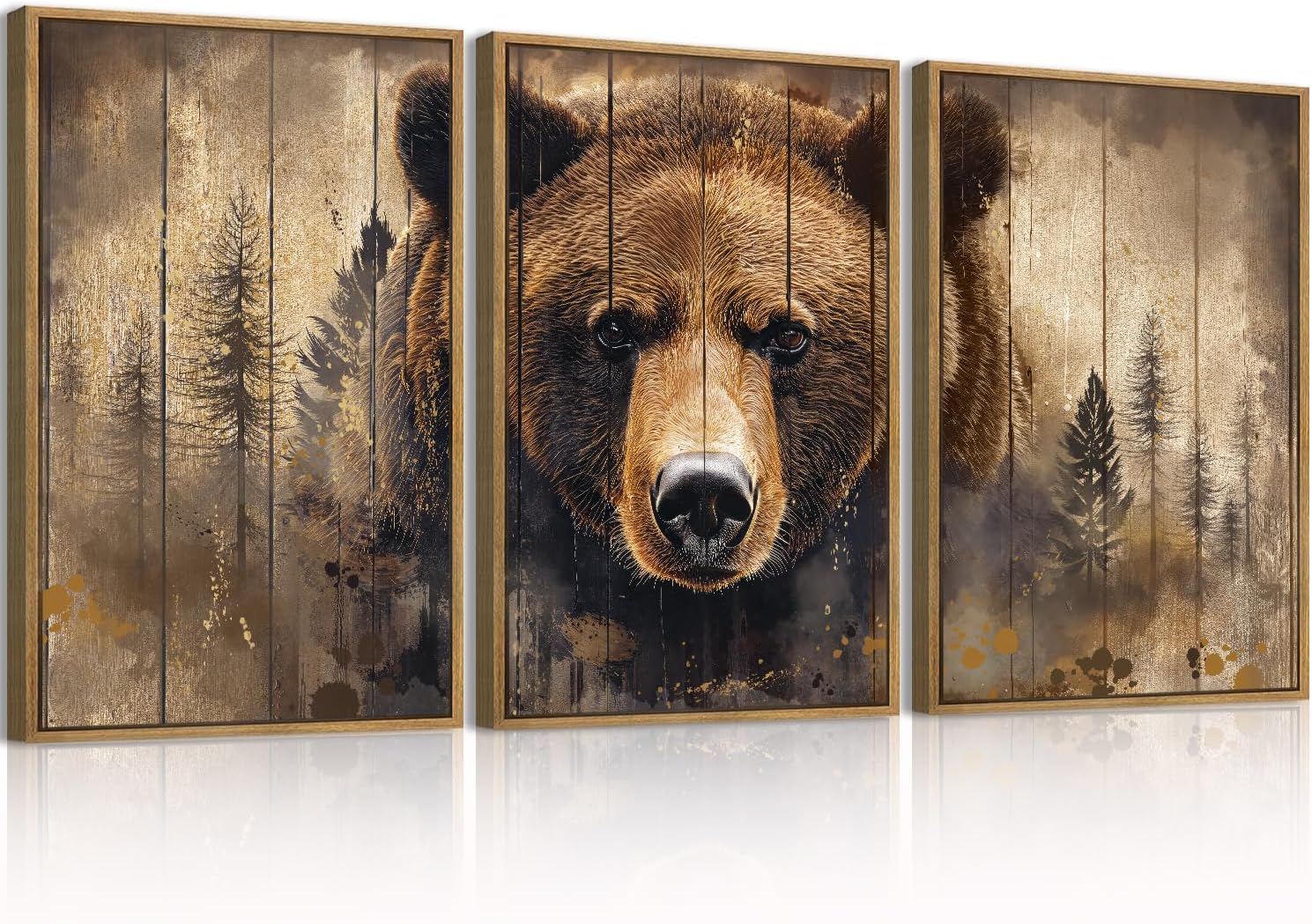 Brown Bear Wall Art Set of 3 for Rustic Wildlife Decor