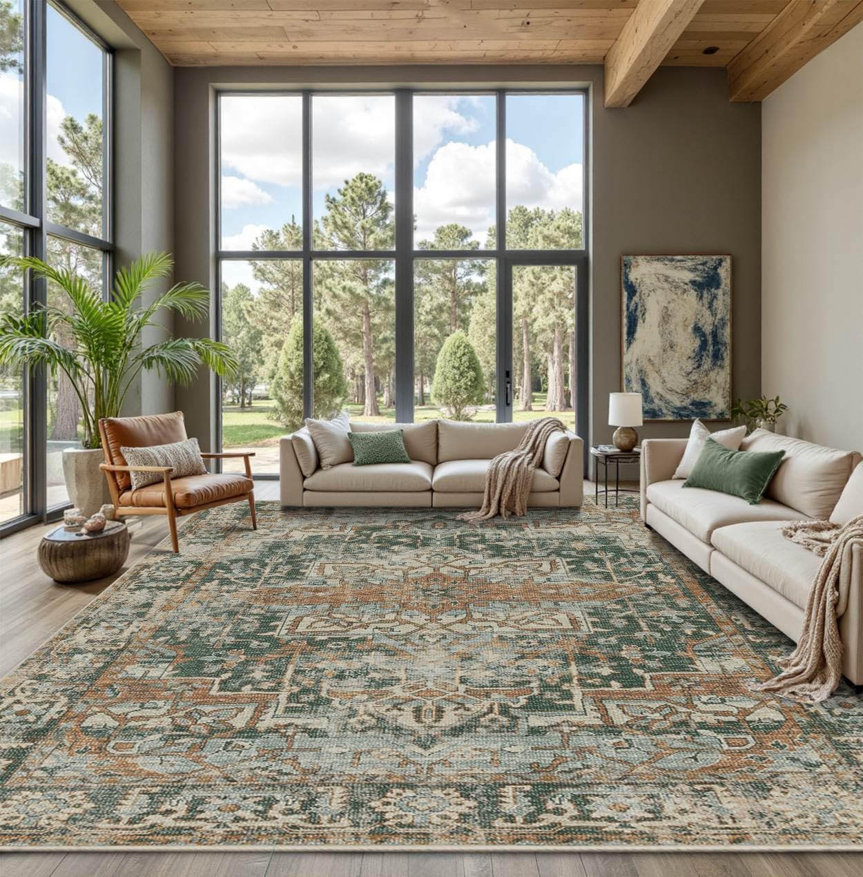 9x12 Area Rug for Living Room Bedroom - Vintage Green Design