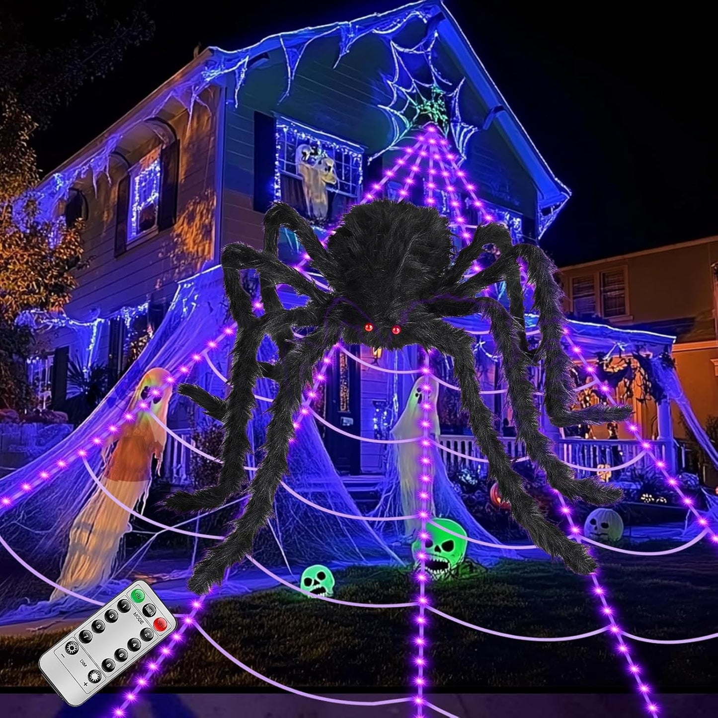 Giant Light-Up Spider Web with 250 Purple LED Lights for Halloween