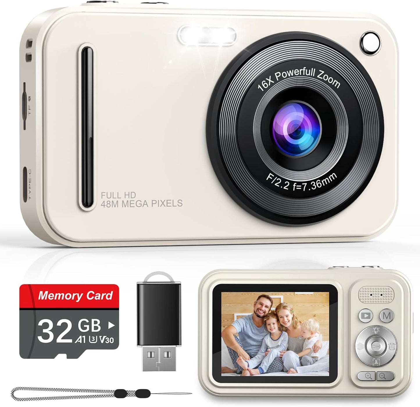 Compact 48MP Digital Camera with 16X Zoom for Kids and Teens