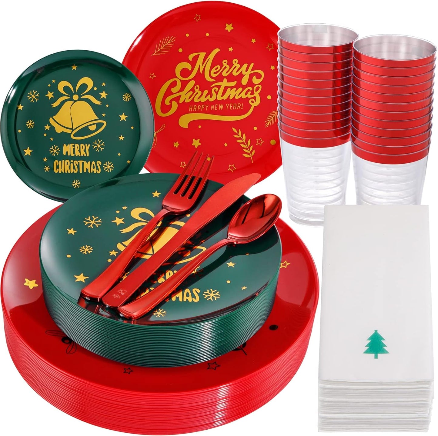 WDF 175pcs Christmas Plates and Silverware Set for Parties