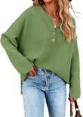 Women's Oversized V Neck Button Henley Sweater - Loose Knit Pullover